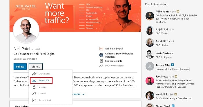 LinkedInのプロフィール画面